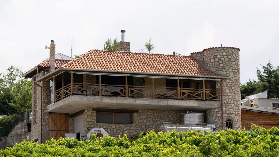 The winery building at Trilofos, with its round tower, above the vines